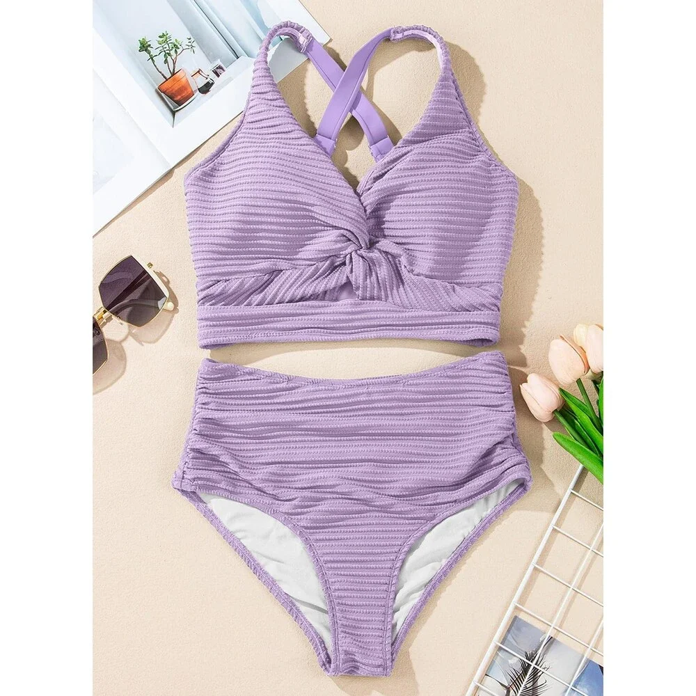 Herseas Women's Purple Bikini Sets Twist Front Top Swimsuits High Waisted L